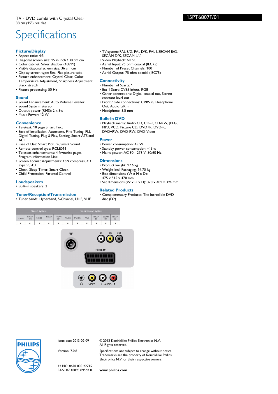 Specifications | Philips 15PT6807F User Manual | Page 3 / 3