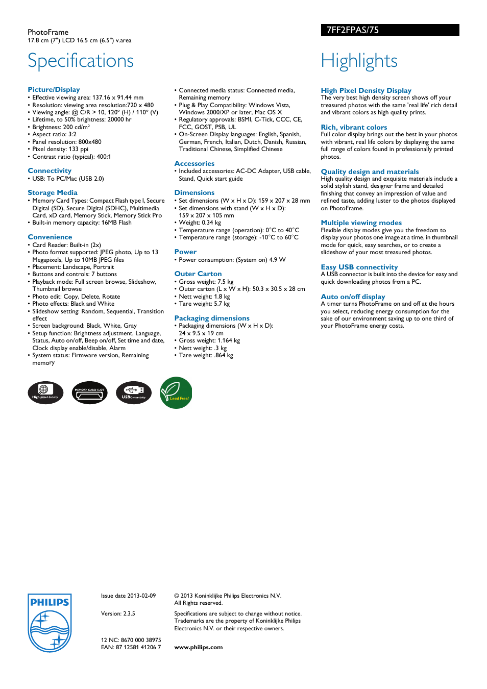 Specifications, Highlights, 7ff2fpas/75 | Philips 7FF2FPAS User Manual | Page 2 / 2