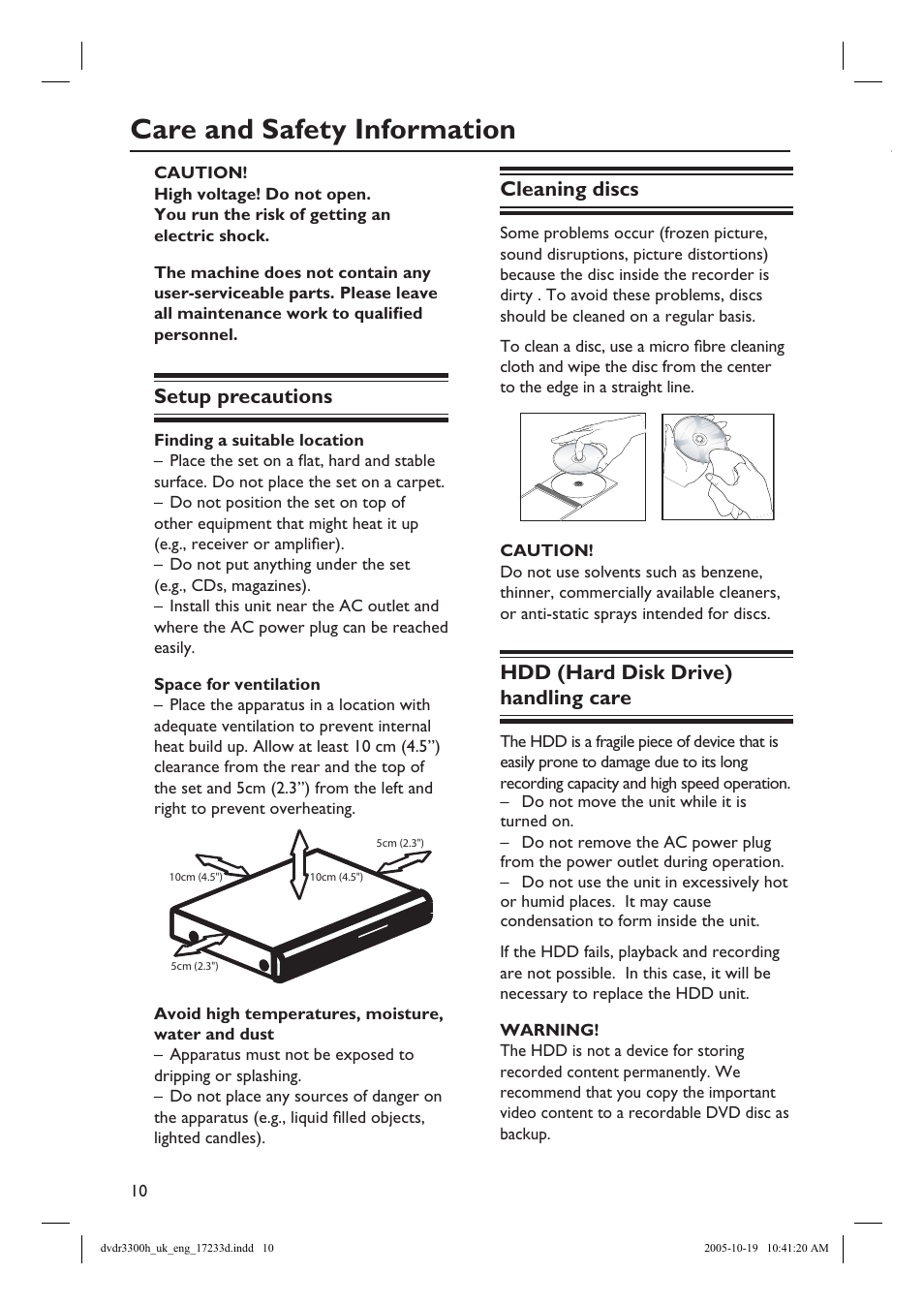 Care and safety information, Cleaning discs, Hdd (hard disk drive) handling care | Setup precautions | Philips DVDR3300H User Manual | Page 10 / 73