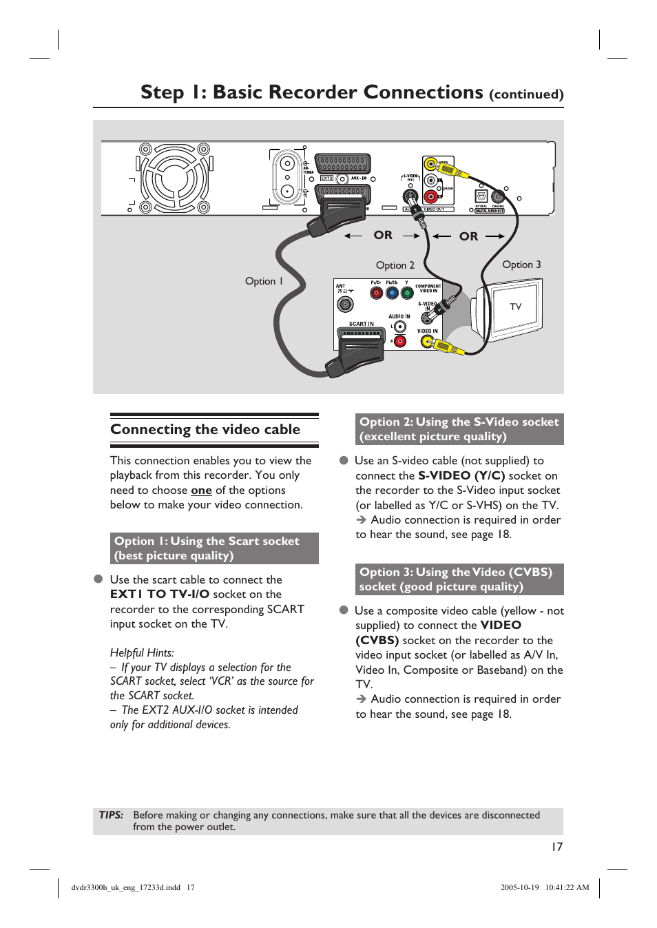 Step 1: basic recorder connections, Connecting the video cable | Philips DVDR3300H User Manual | Page 17 / 73