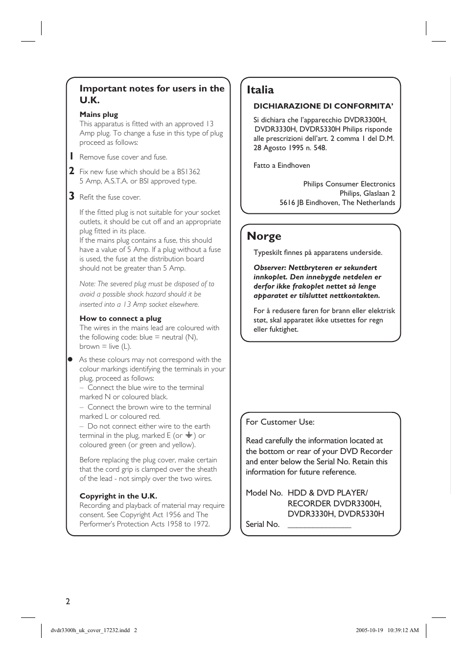 Norge, Italia | Philips DVDR3300H User Manual | Page 2 / 73