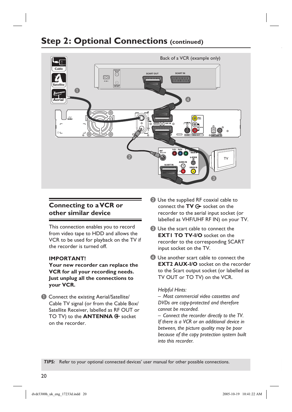 Step 2: optional connections, Connecting to a vcr or other similar device, Continued) | Philips DVDR3300H User Manual | Page 20 / 73