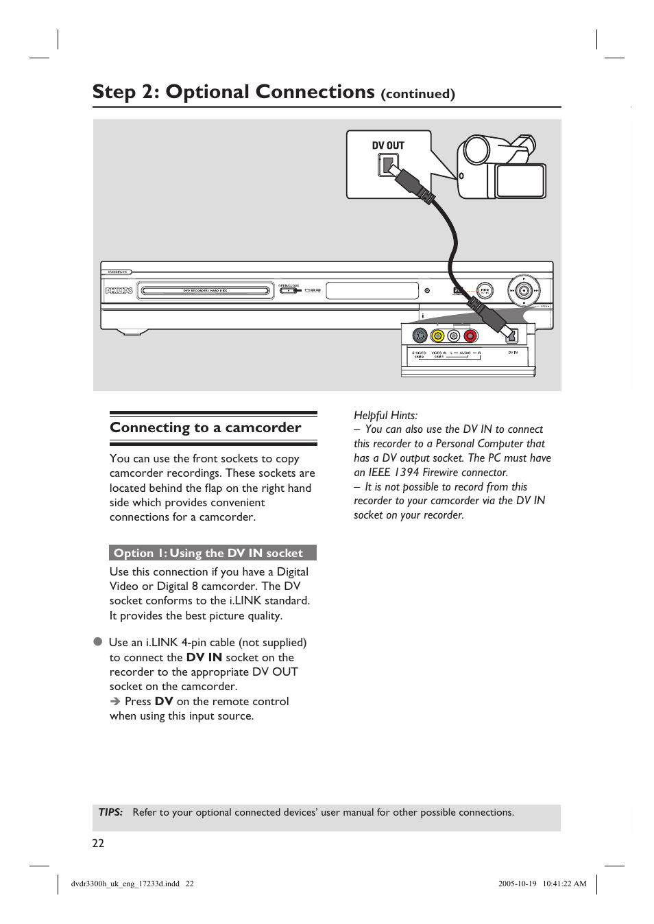 Step 2: optional connections, Connecting to a camcorder | Philips DVDR3300H User Manual | Page 22 / 73