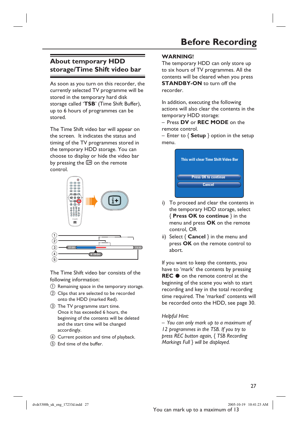 Before recording, About temporary hdd storage/time shift video bar | Philips DVDR3300H User Manual | Page 27 / 73