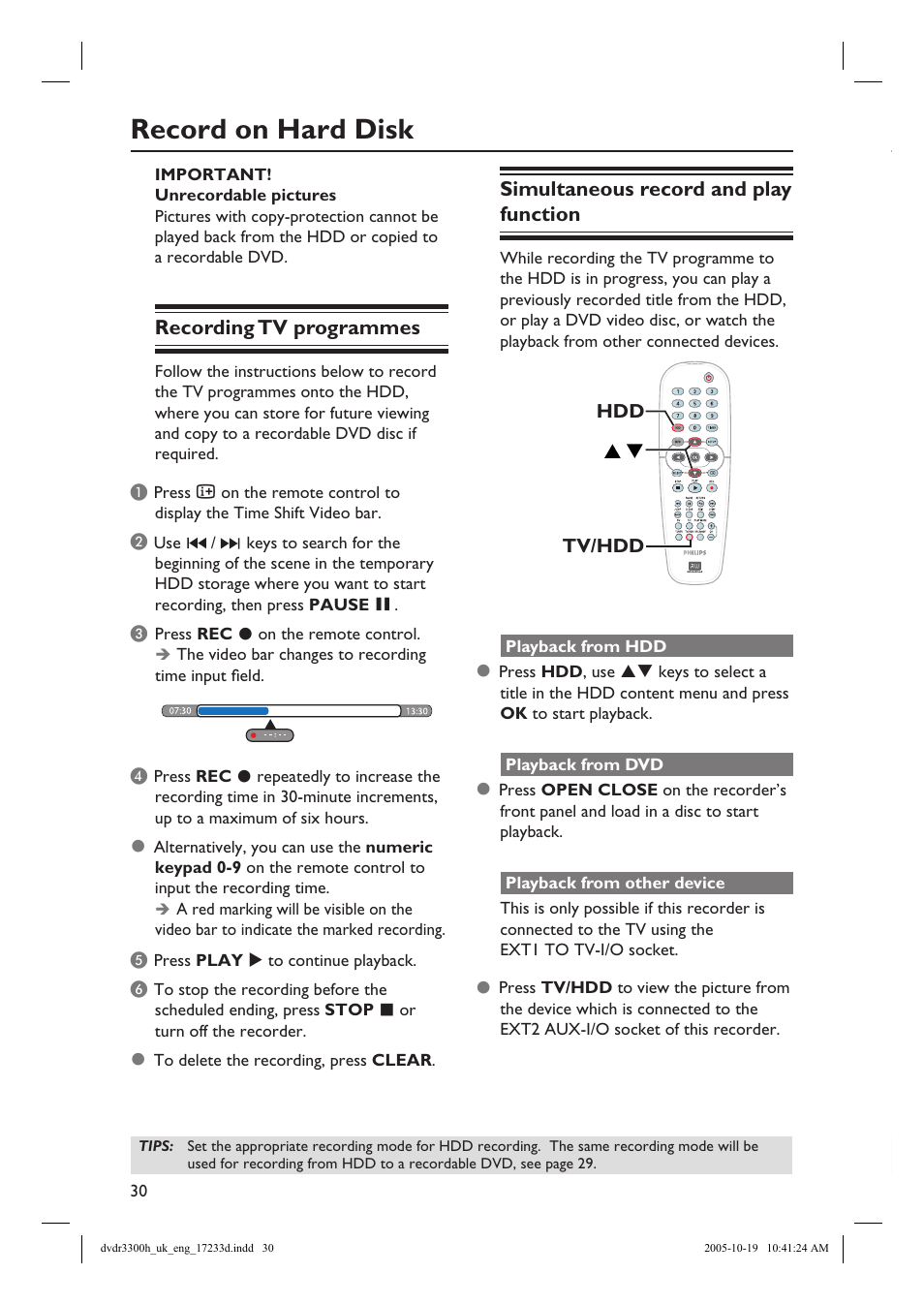 Record on hard disk, Recording tv programmes, Simultaneous record and play function | Philips DVDR3300H User Manual | Page 30 / 73