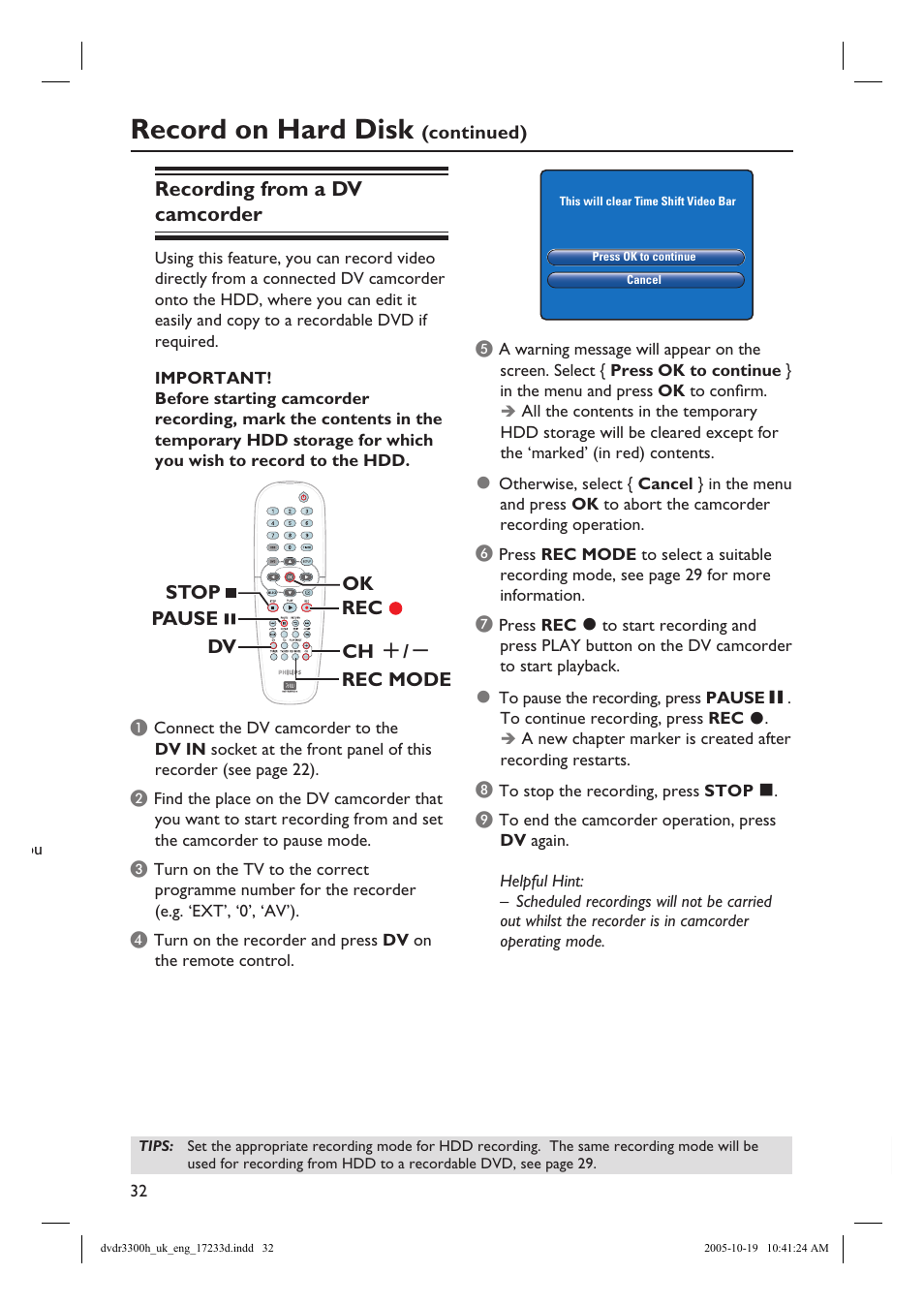Record on hard disk, Recording from a dv camcorder | Philips DVDR3300H User Manual | Page 32 / 73