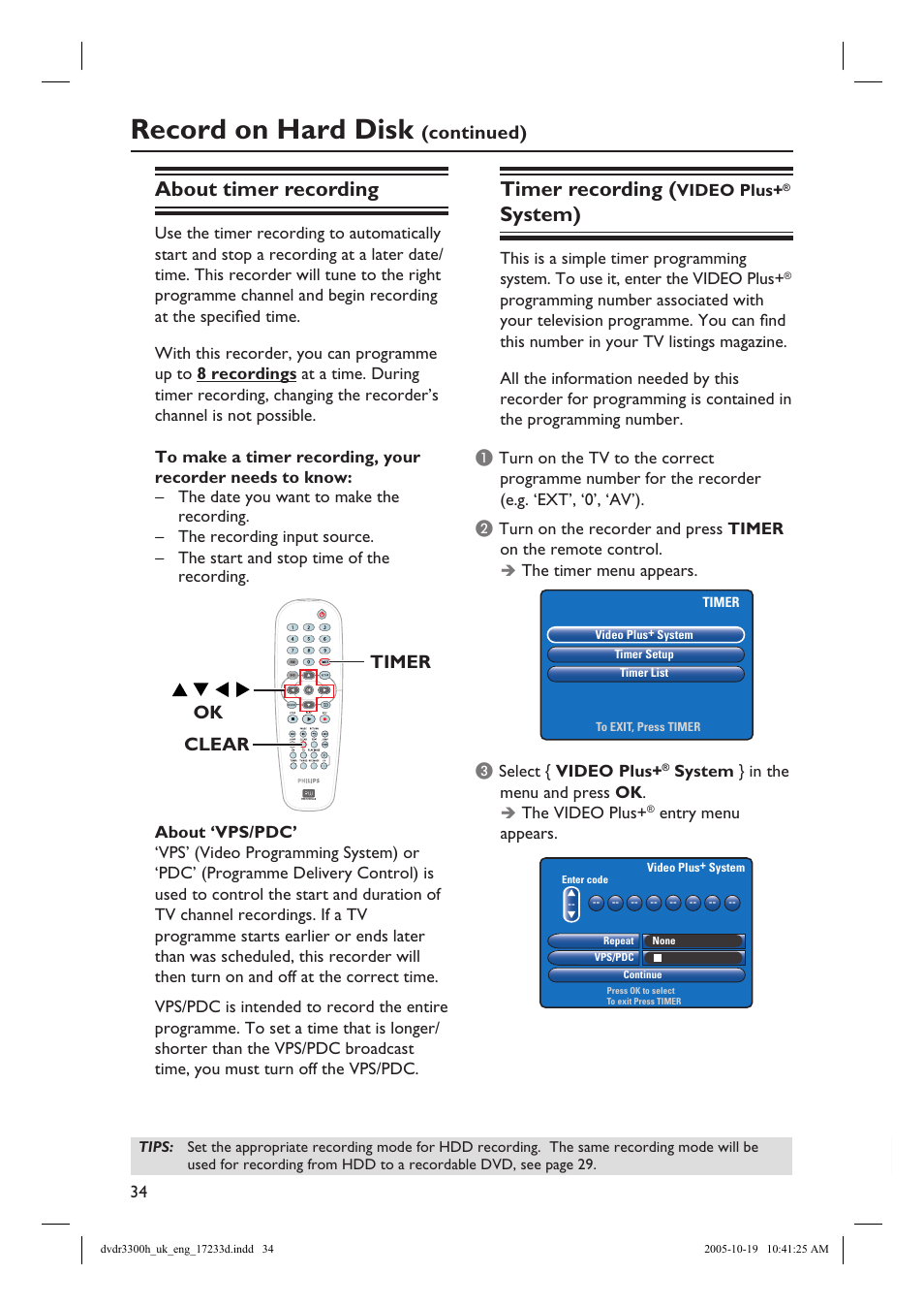 Record on hard disk, About timer recording, Timer recording | System), Continued), Ok timer clear | Philips DVDR3300H User Manual | Page 34 / 73