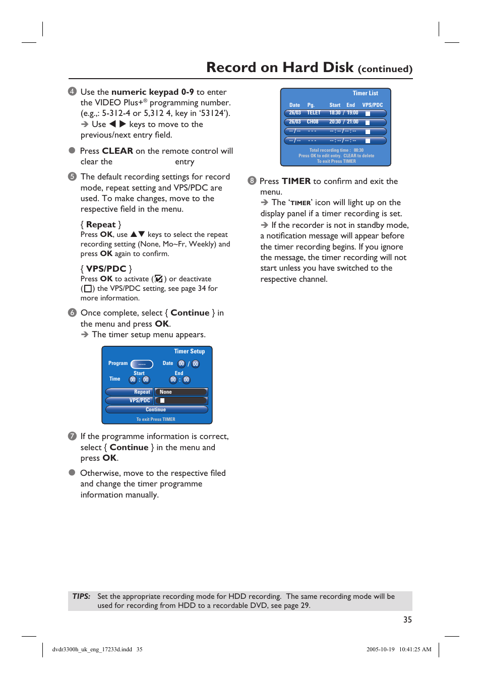 Record on hard disk, Continued) | Philips DVDR3300H User Manual | Page 35 / 73