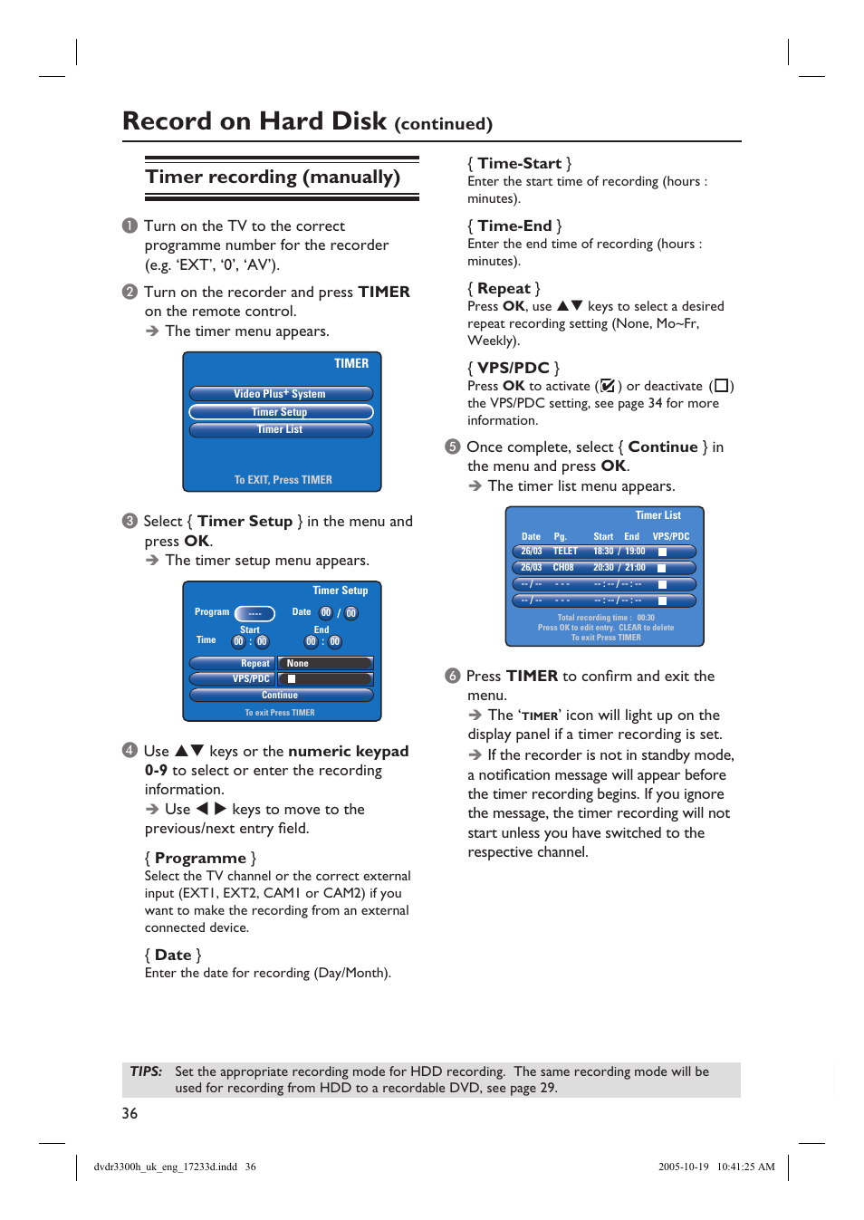 Record on hard disk, Timer recording (manually), Continued) | Philips DVDR3300H User Manual | Page 36 / 73