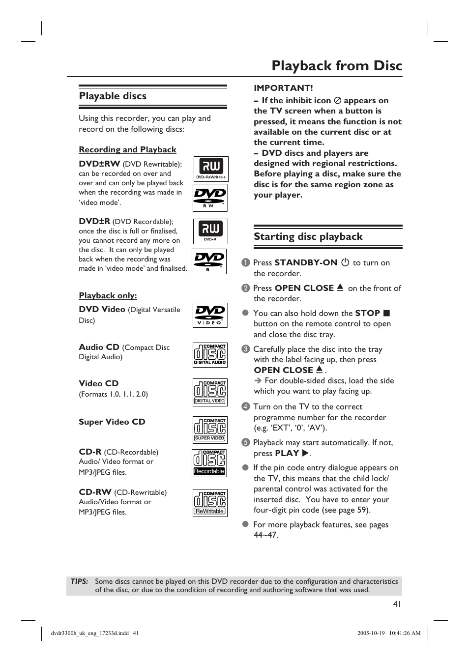 Playback from disc, Playable discs, Starting disc playback | Philips DVDR3300H User Manual | Page 41 / 73