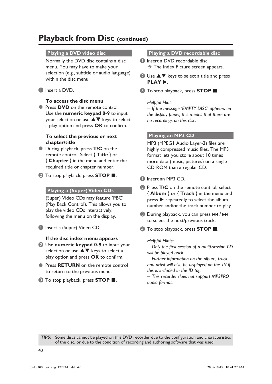 Playback from disc | Philips DVDR3300H User Manual | Page 42 / 73