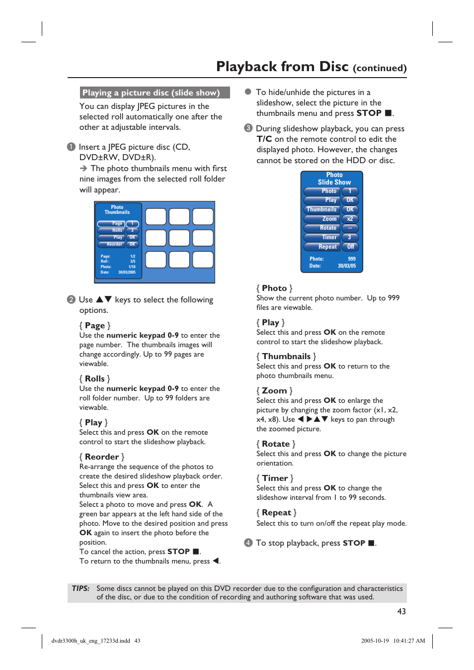 Playback from disc, Continued) | Philips DVDR3300H User Manual | Page 43 / 73