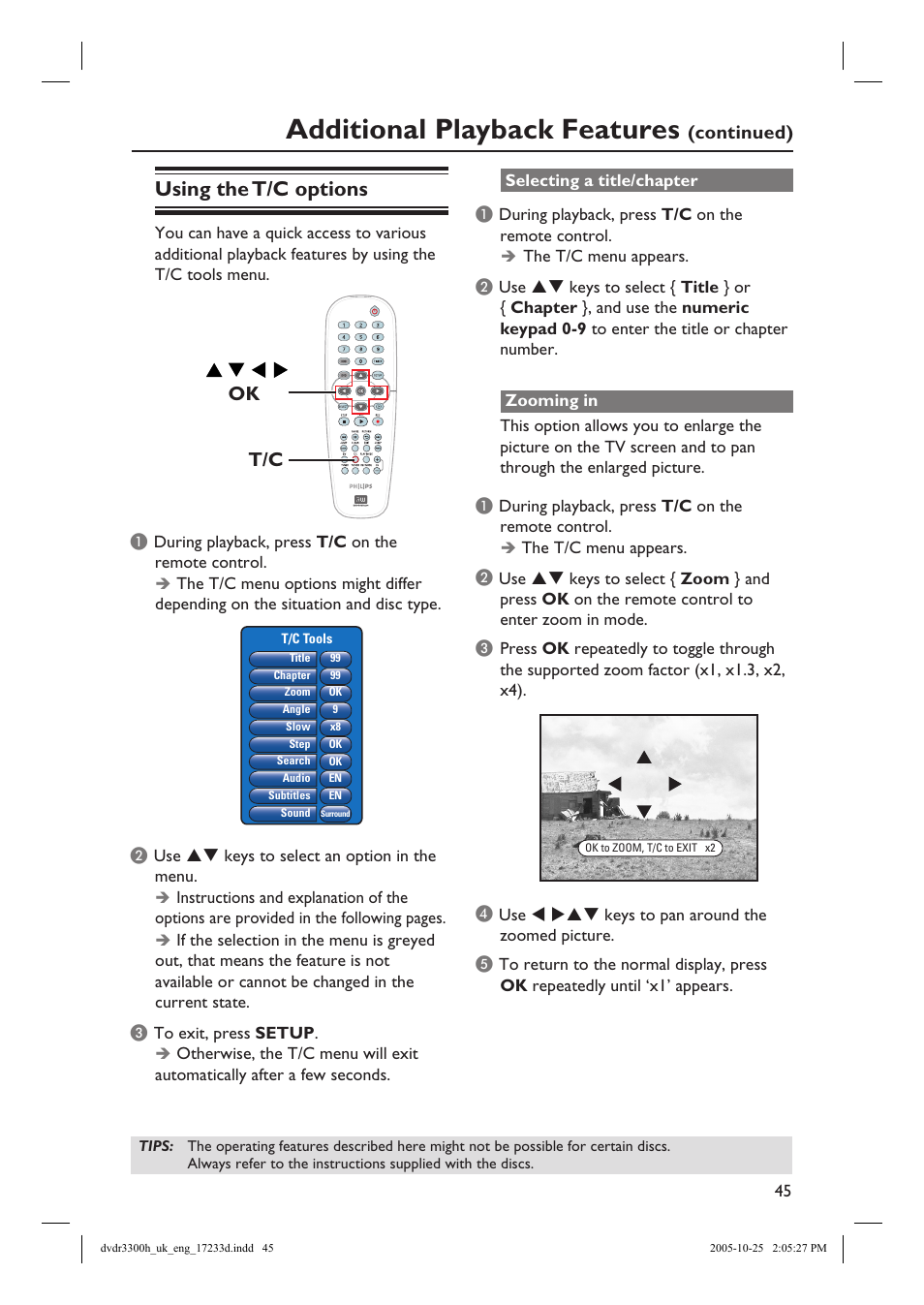 Additional playback features, Using the t/c options, T/c ok | Continued) | Philips DVDR3300H User Manual | Page 45 / 73