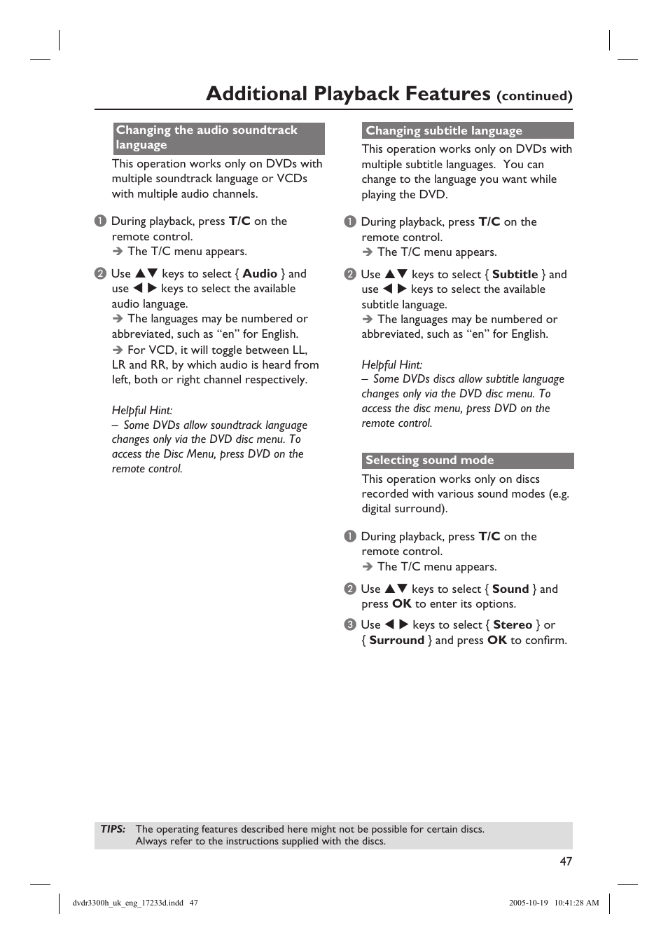 Additional playback features | Philips DVDR3300H User Manual | Page 47 / 73