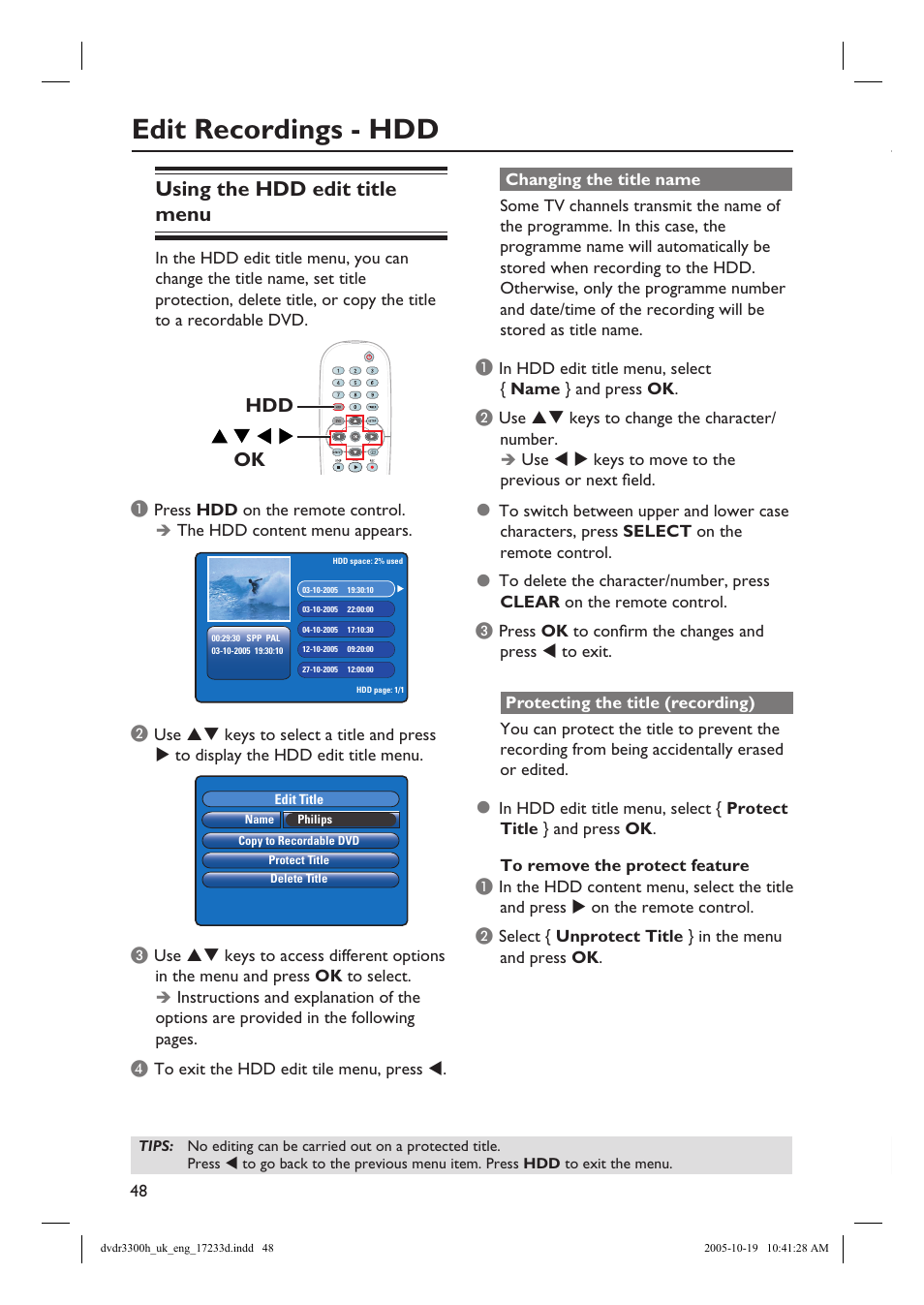 Edit recordings - hdd, Using the hdd edit title menu, Ok hdd | Philips DVDR3300H User Manual | Page 48 / 73