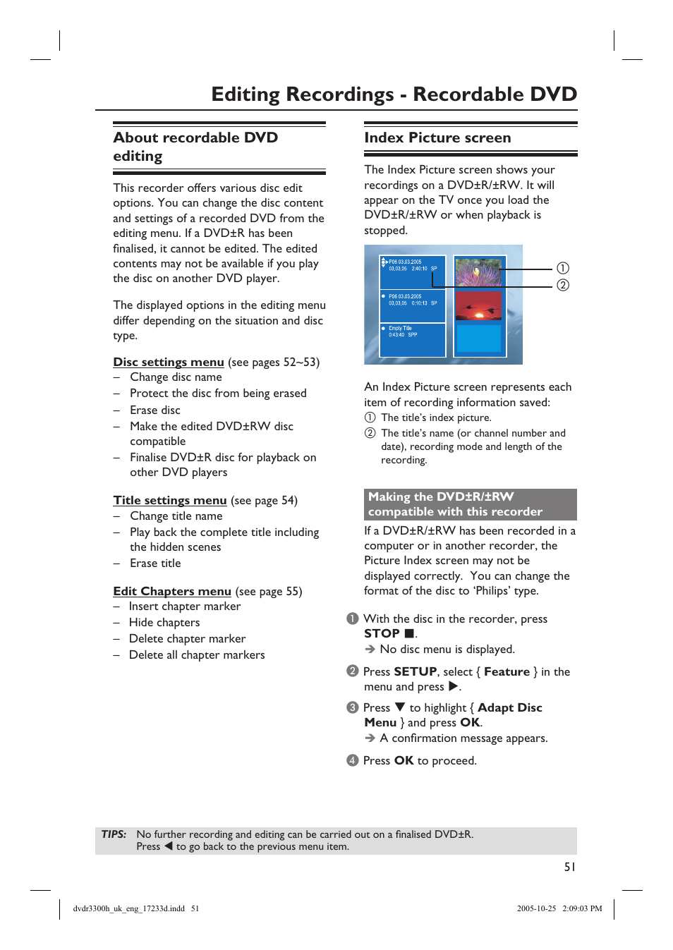 Editing recordings - recordable dvd, About recordable dvd editing, Index picture screen | Philips DVDR3300H User Manual | Page 51 / 73