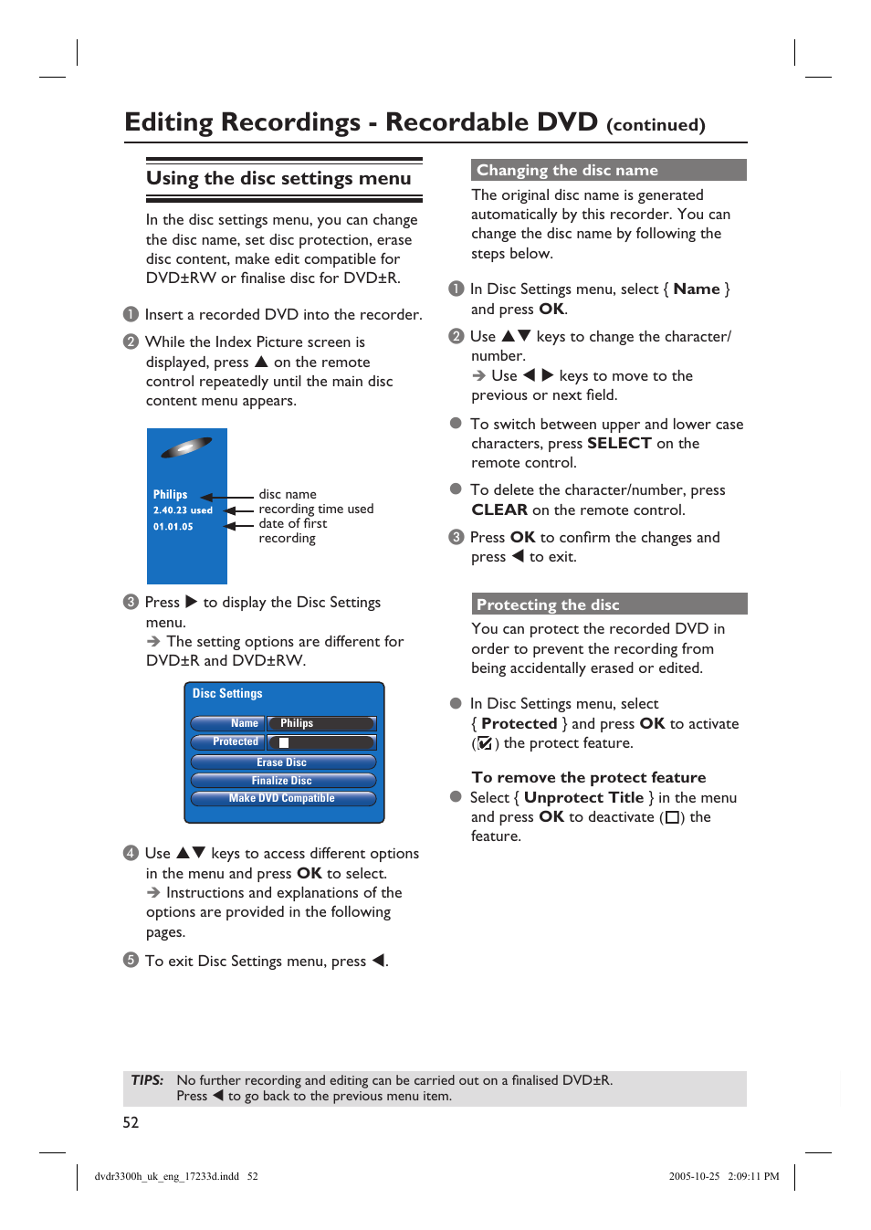 Editing recordings - recordable dvd, Using the disc settings menu | Philips DVDR3300H User Manual | Page 52 / 73