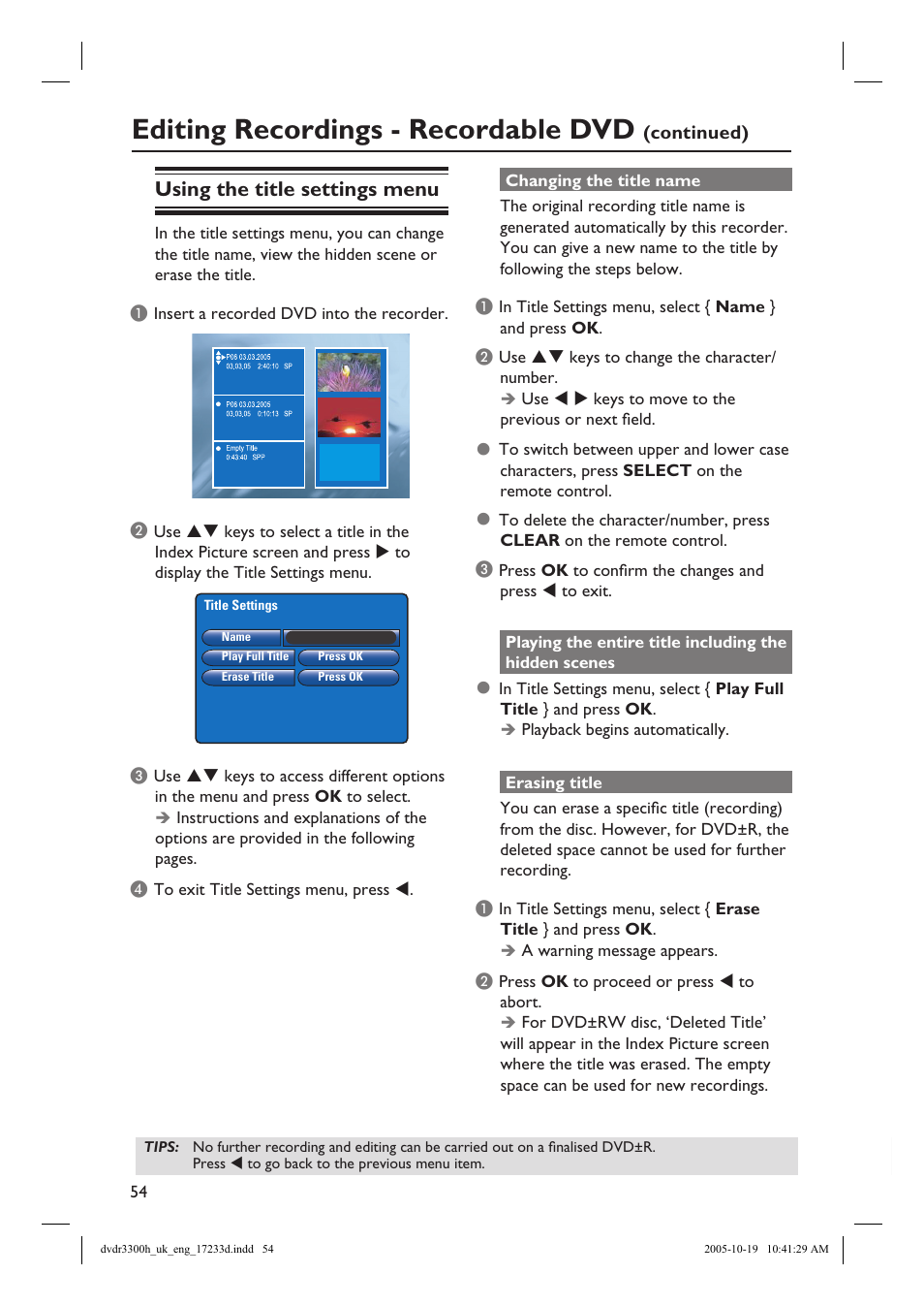 Editing recordings - recordable dvd, Using the title settings menu | Philips DVDR3300H User Manual | Page 54 / 73