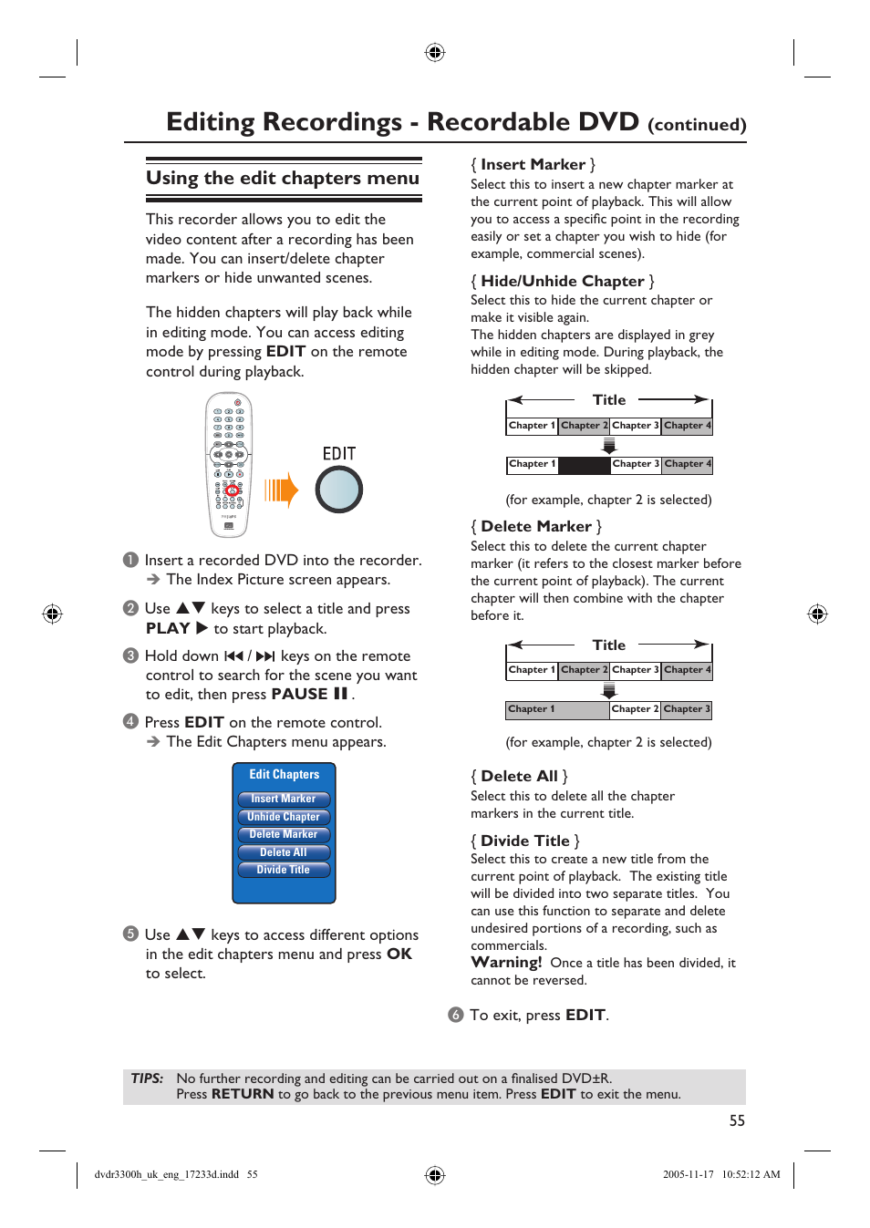 Editing recordings - recordable dvd, Using the edit chapters menu, Continued) | Philips DVDR3300H User Manual | Page 55 / 73