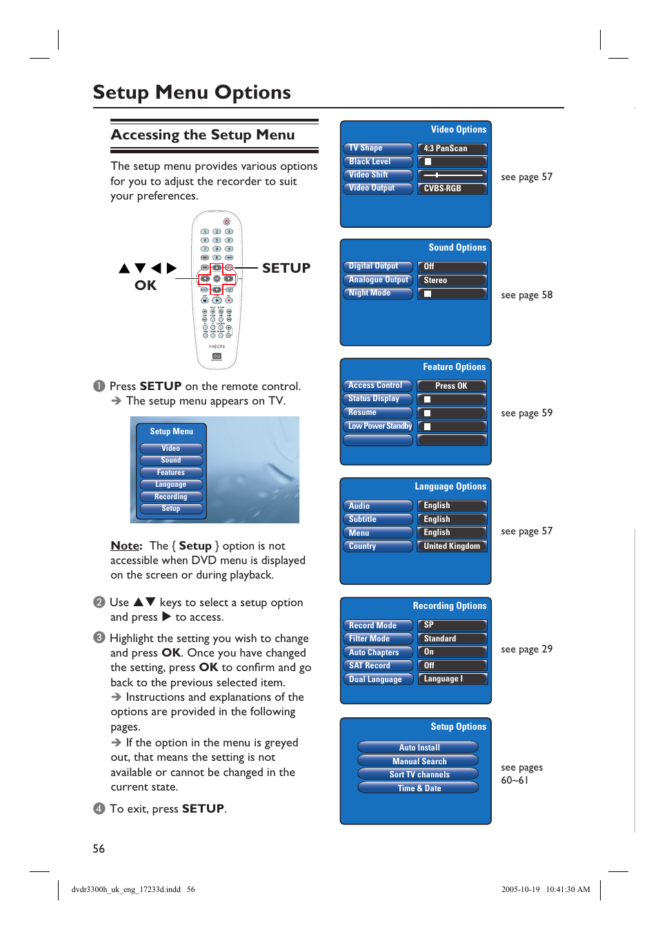 Setup menu options, Accessing the setup menu, Ok setup | Philips DVDR3300H User Manual | Page 56 / 73