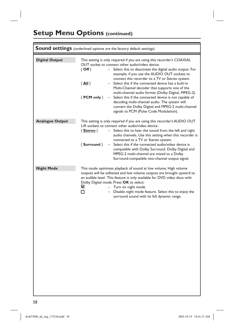 Setup menu options, Sound settings, Continued) | Philips DVDR3300H User Manual | Page 58 / 73