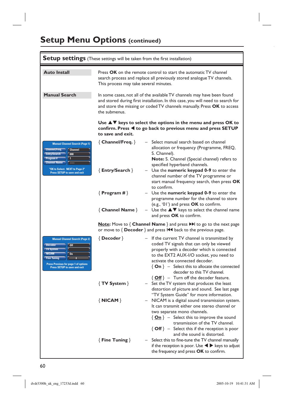 Setup menu options, Setup settings, Continued) | Philips DVDR3300H User Manual | Page 60 / 73