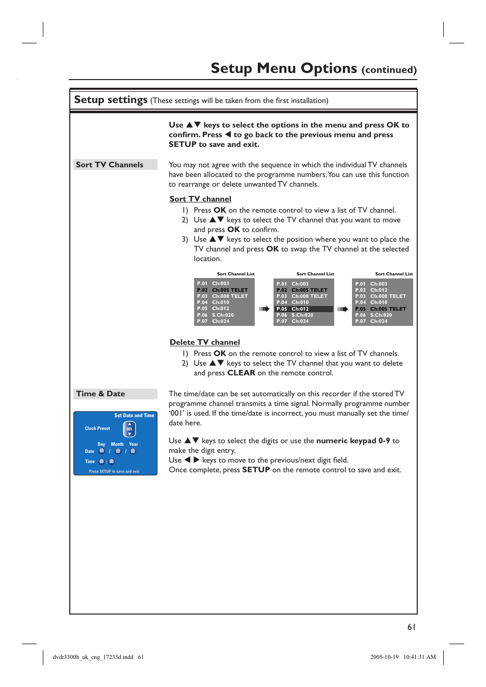 Setup menu options, Setup settings, Continued) | Philips DVDR3300H User Manual | Page 61 / 73