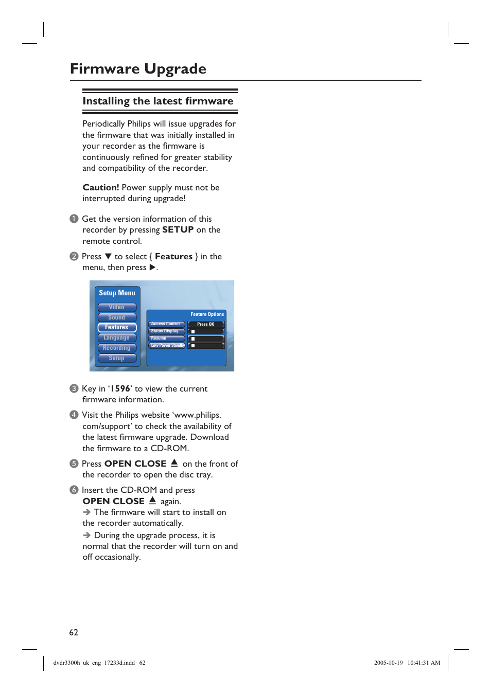 Firmware upgrade, Installing the latest fi rmware | Philips DVDR3300H User Manual | Page 62 / 73