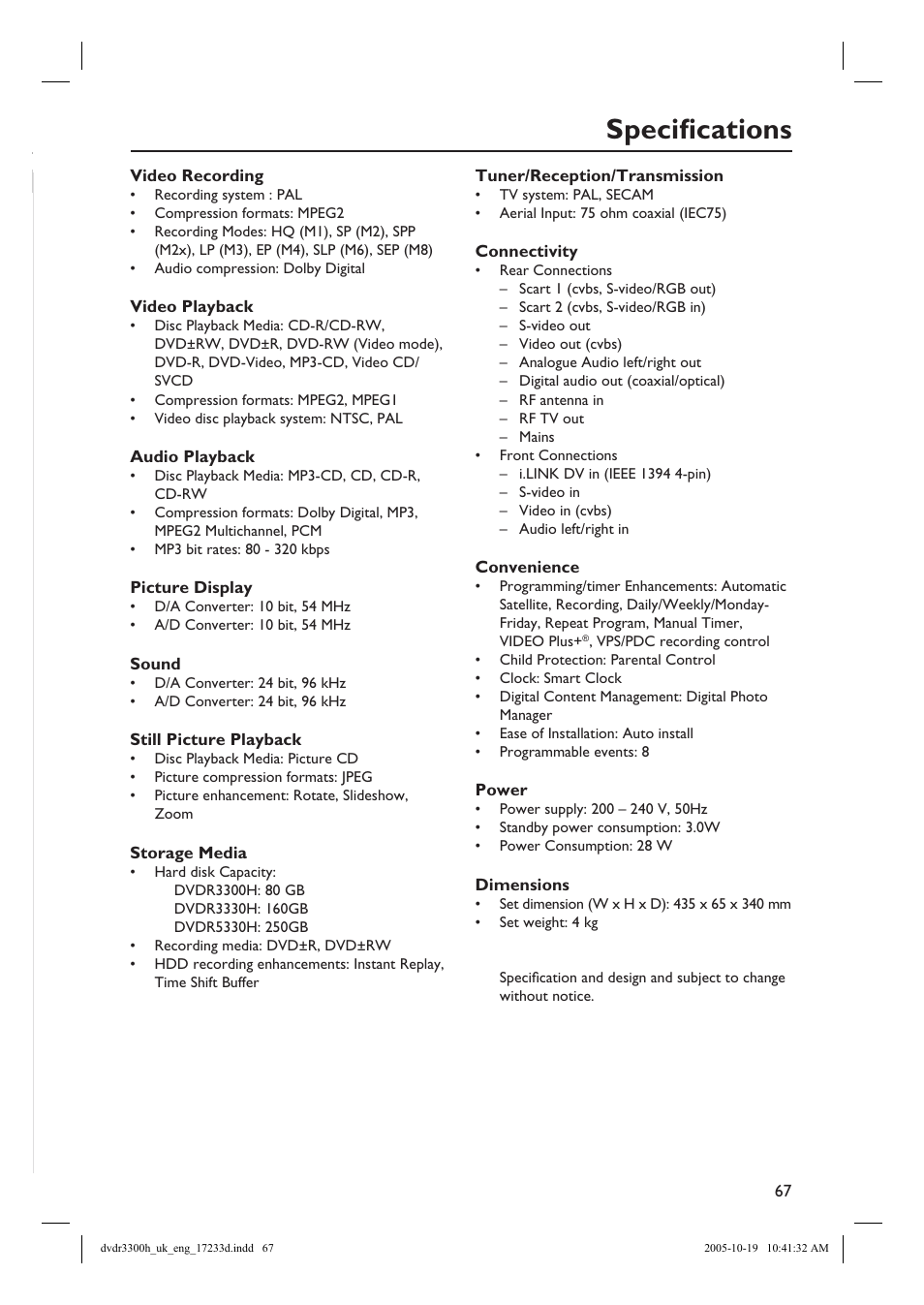 Specifi cations | Philips DVDR3300H User Manual | Page 67 / 73