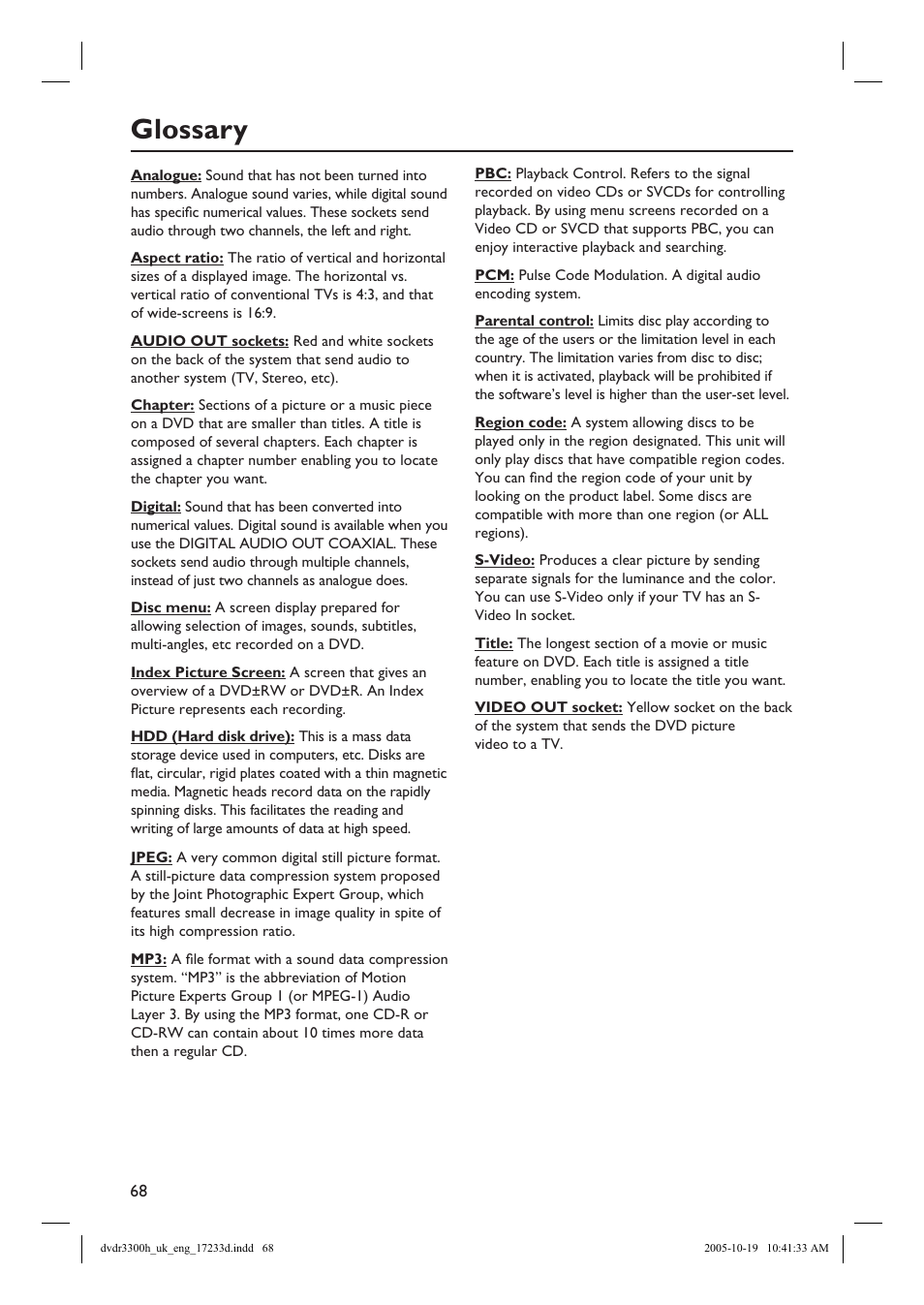 Glossary | Philips DVDR3300H User Manual | Page 68 / 73