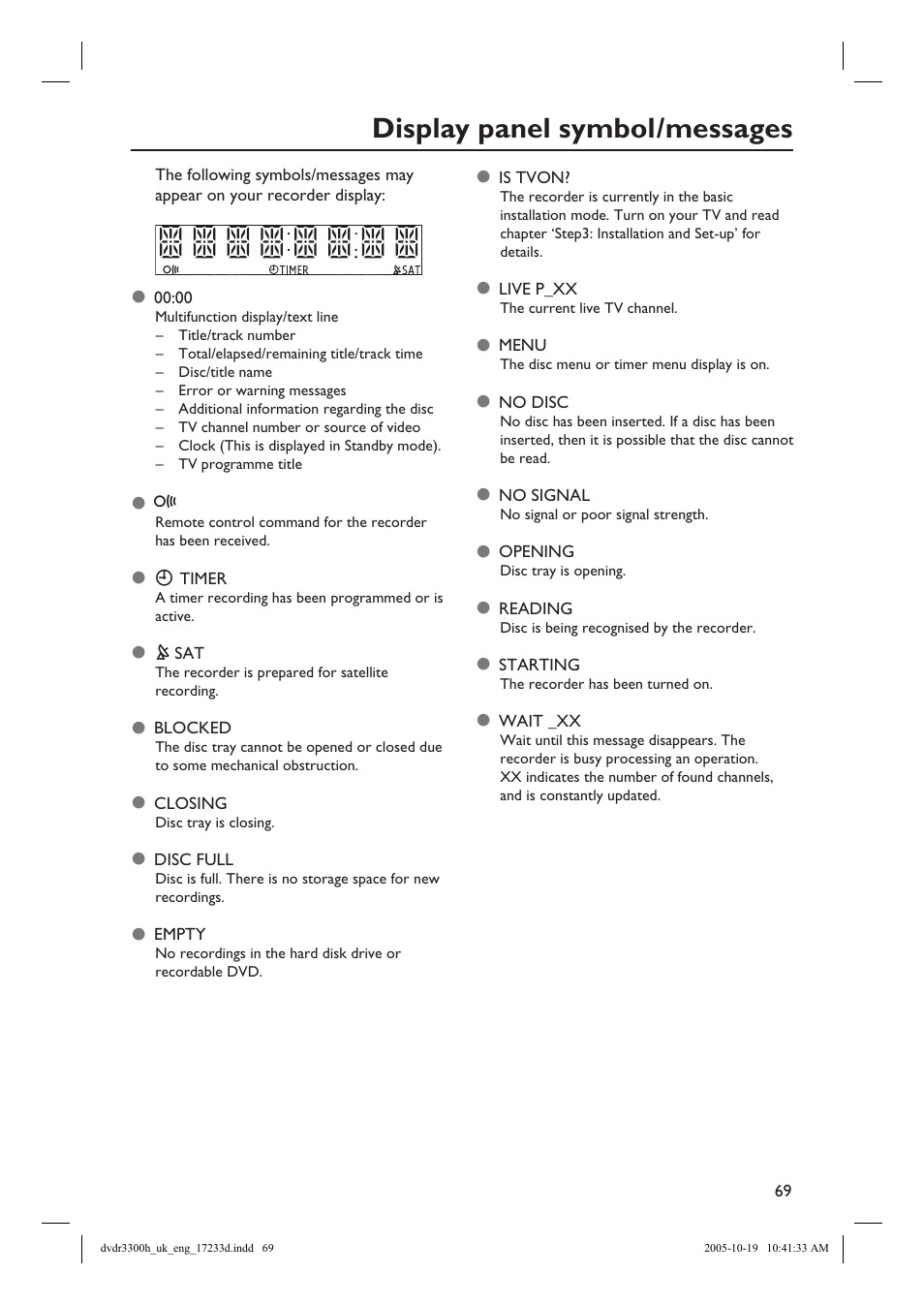 Display panel symbol/messages | Philips DVDR3300H User Manual | Page 69 / 73