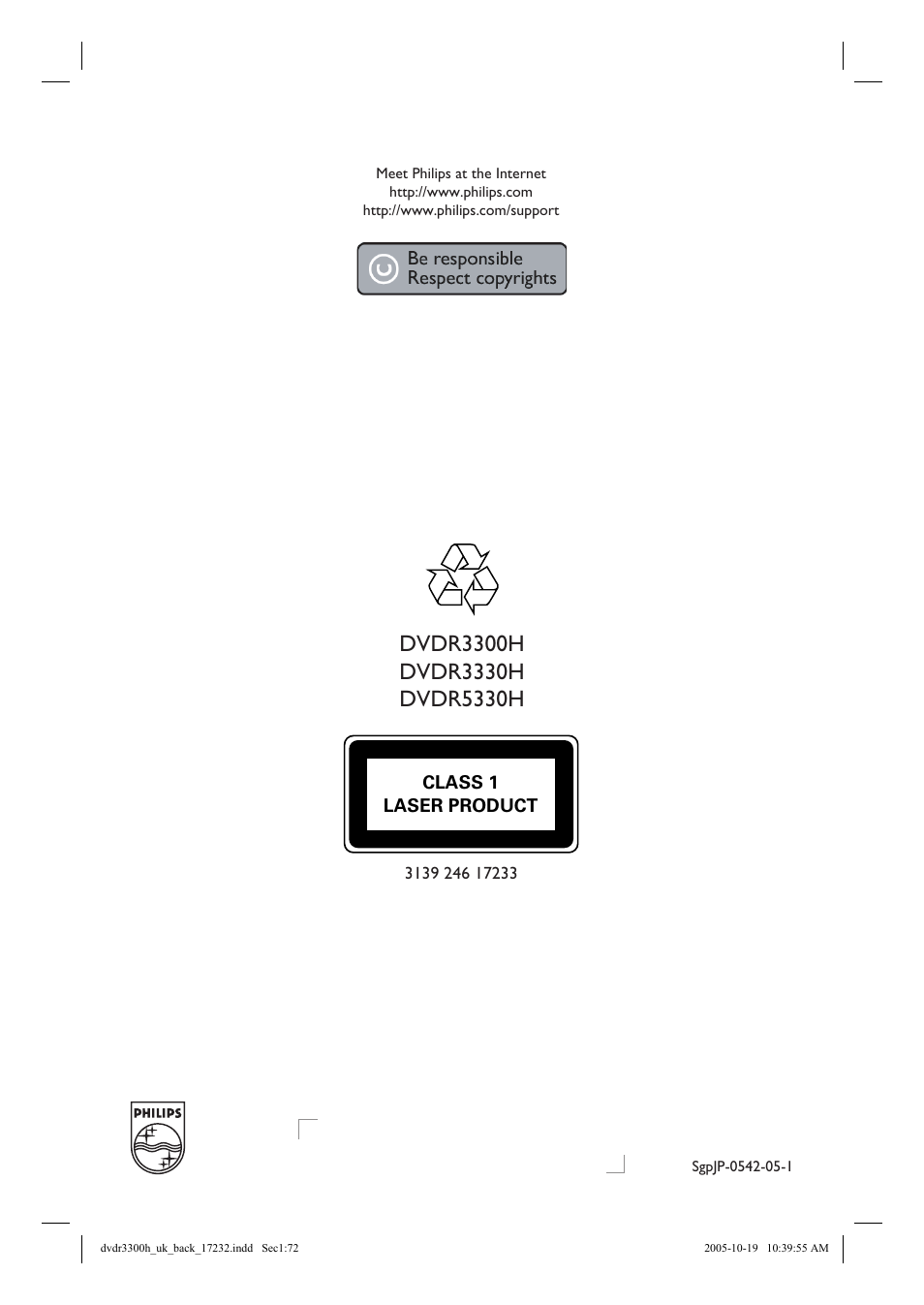 Class 1 laser product | Philips DVDR3300H User Manual | Page 73 / 73