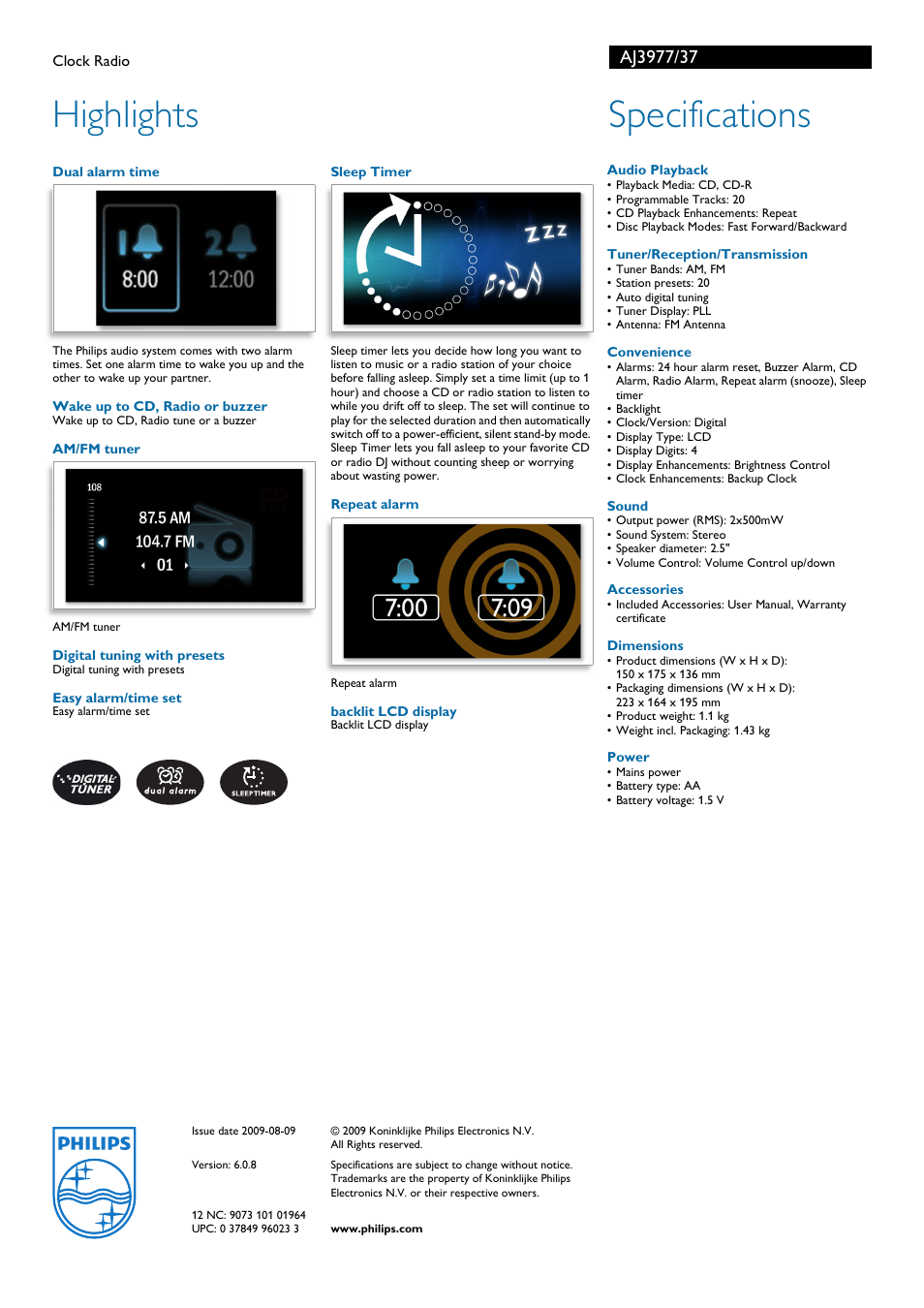 Highlights, Specifications | Philips AJ3977/37 User Manual | Page 2 / 2