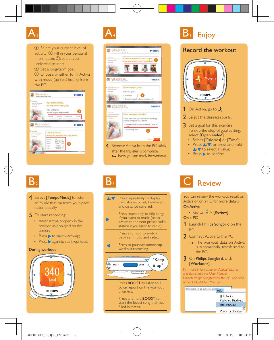 Enjoy review, Record the workout | Philips ACT101M/97 User Manual | Page 2 / 2