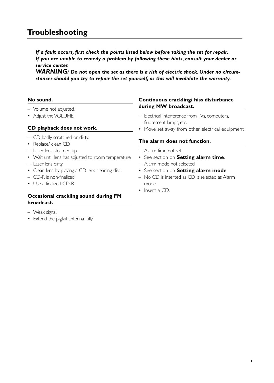 Troubleshooting, Warning | Philips AJ3915/12 User Manual | Page 10 / 13