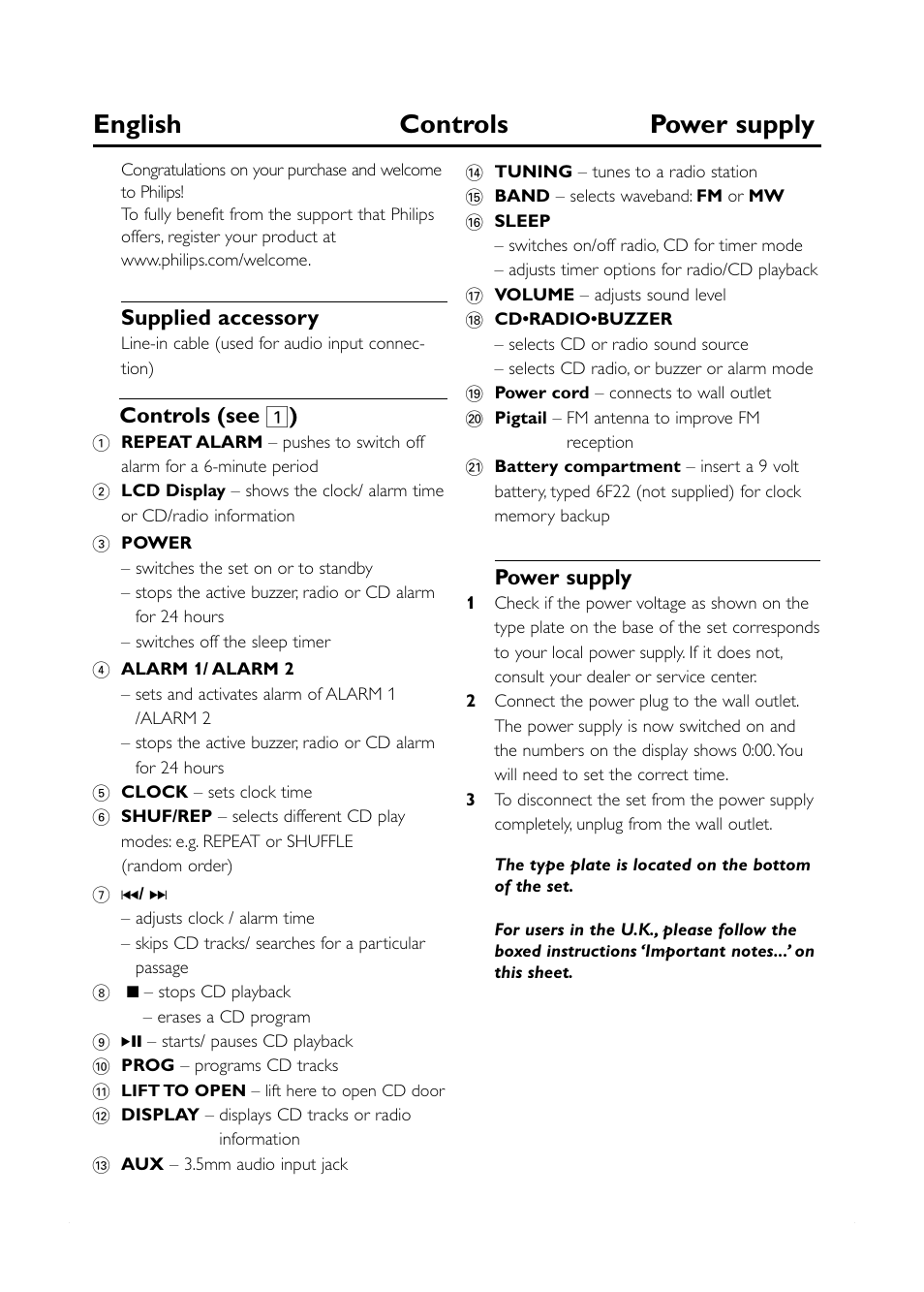 English controls power supply, Supplied accessory, Controls (see 1 ) | Power supply | Philips AJ3915/12 User Manual | Page 4 / 13