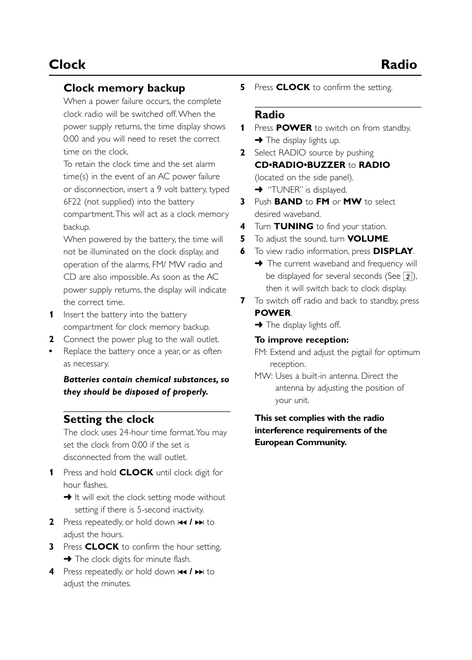 Clock radio, Setting the clock, Radio | Philips AJ3915/12 User Manual | Page 5 / 13