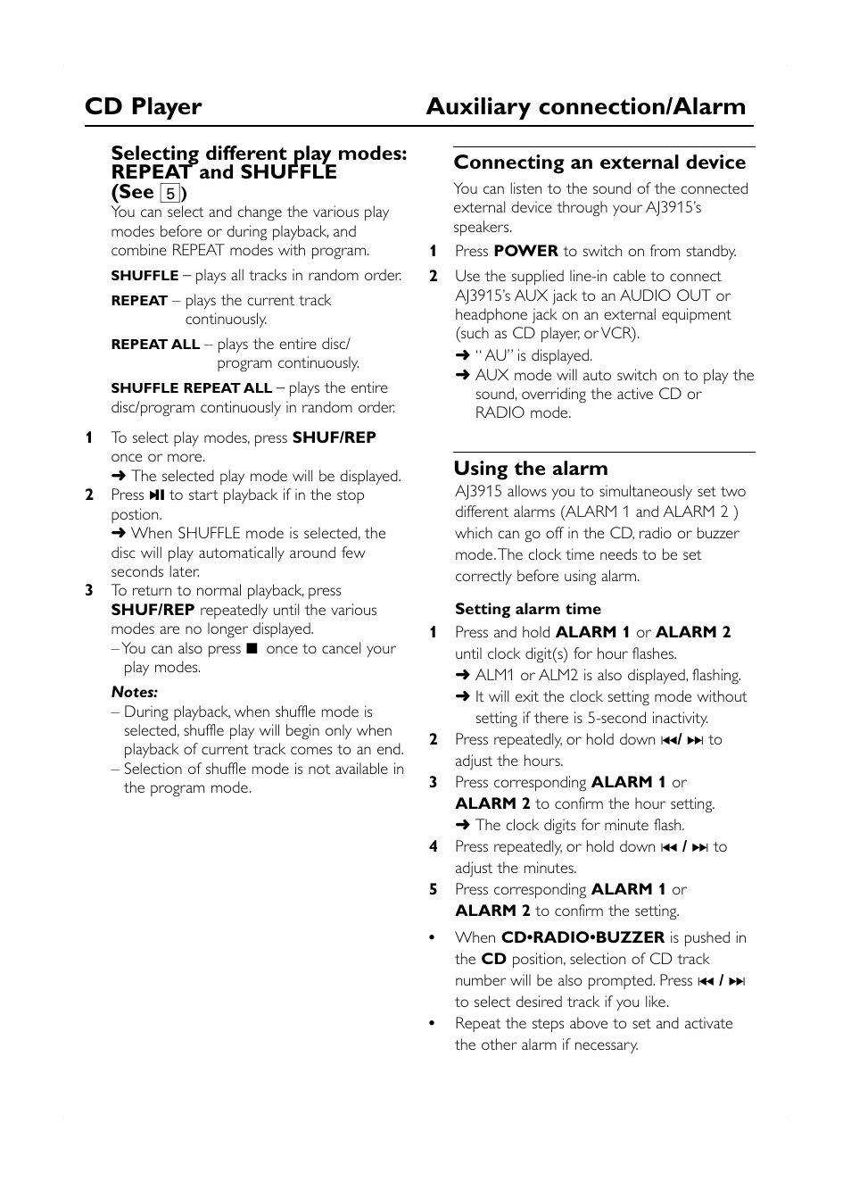 Cd player auxiliary connection/alarm, Connecting an external device, Using the alarm | Philips AJ3915/12 User Manual | Page 7 / 13