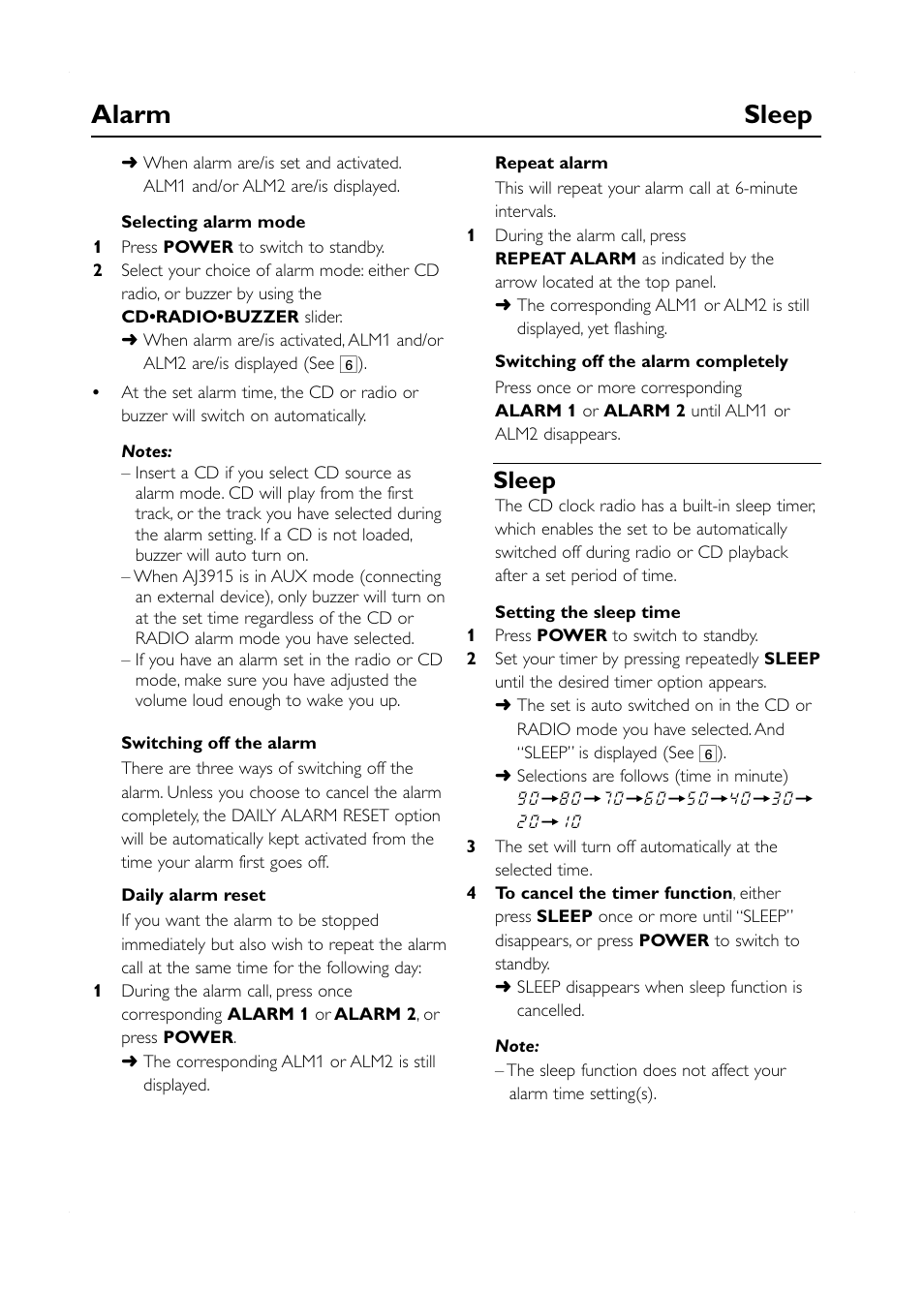 Alarm sleep, Sleep | Philips AJ3915/12 User Manual | Page 8 / 13