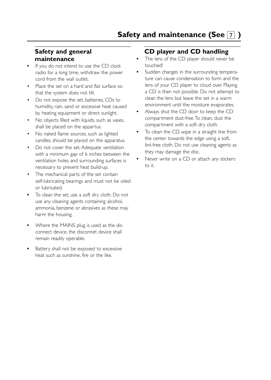 Safety and maintenance (see 7 ), Safety and general maintenance, Cd player and cd handling | Philips AJ3915/12 User Manual | Page 9 / 13