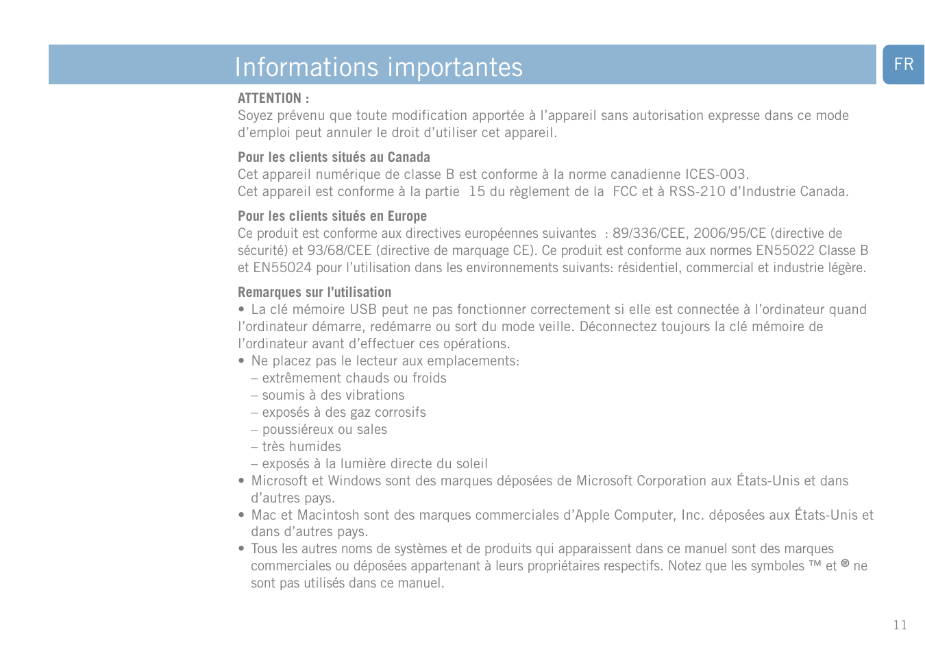 Informations importantes | Philips FM01SW20 User Manual | Page 11 / 72