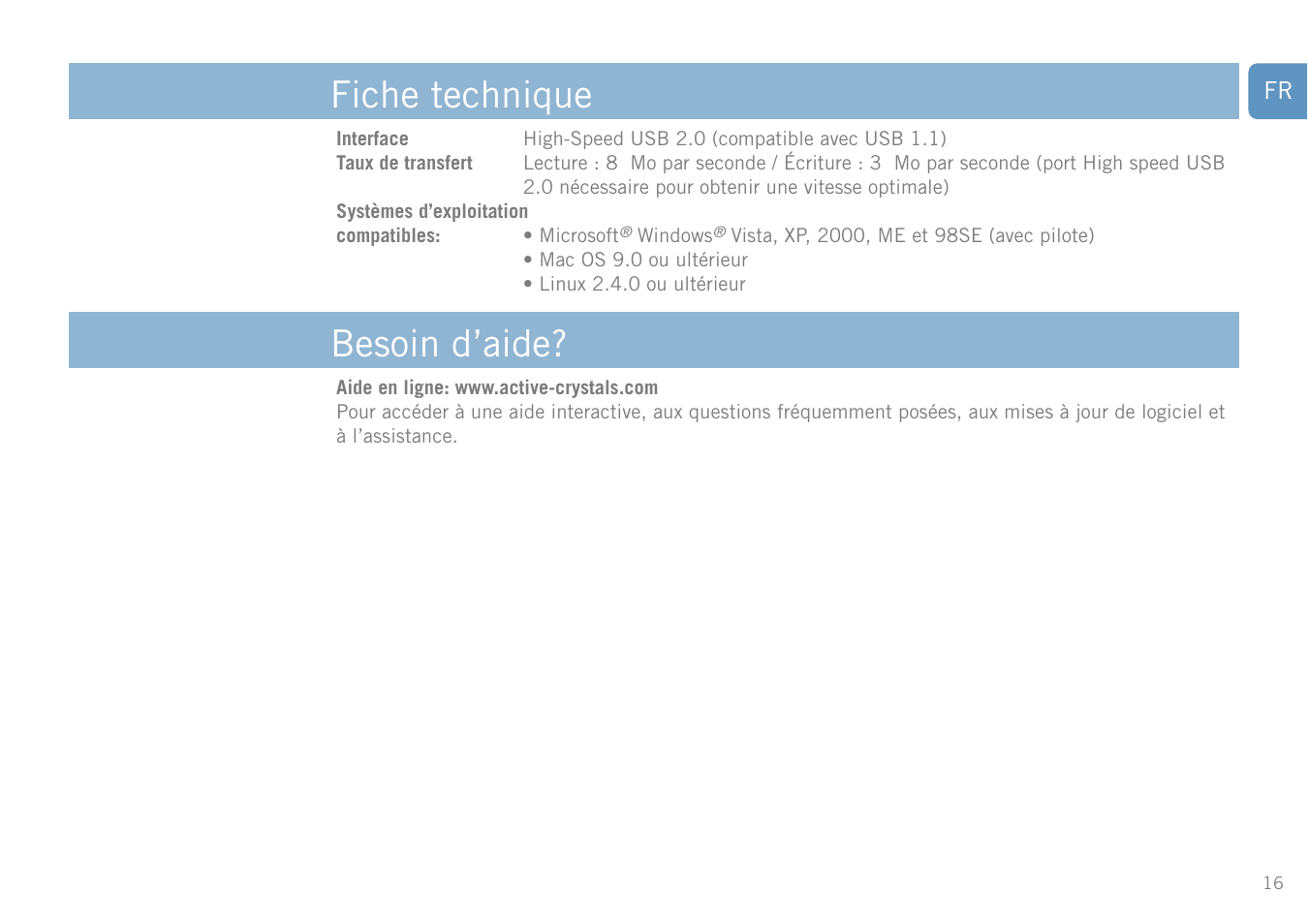 Fiche technique besoin d’aide | Philips FM01SW20 User Manual | Page 16 / 72