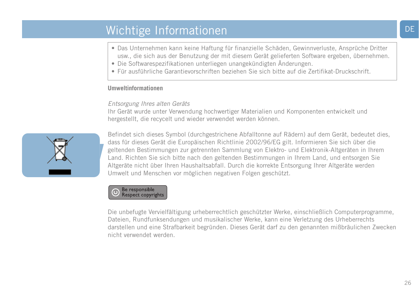 Wichtige informationen | Philips FM01SW20 User Manual | Page 26 / 72