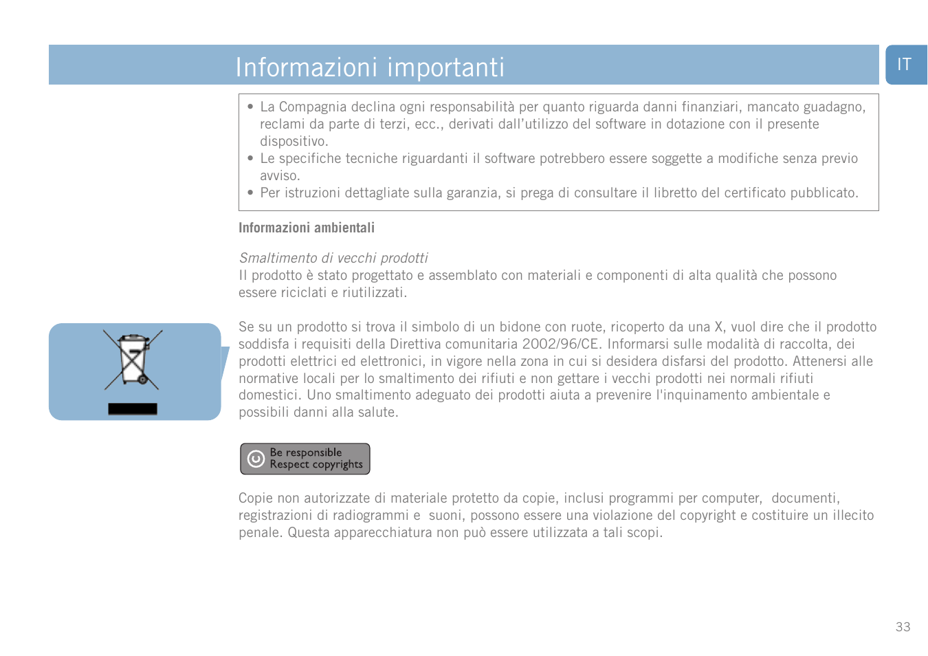 Informazioni importanti | Philips FM01SW20 User Manual | Page 33 / 72