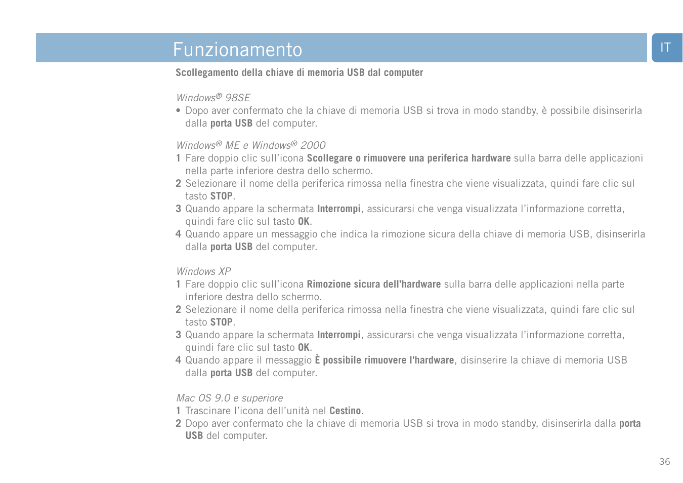 Funzionamento | Philips FM01SW20 User Manual | Page 36 / 72