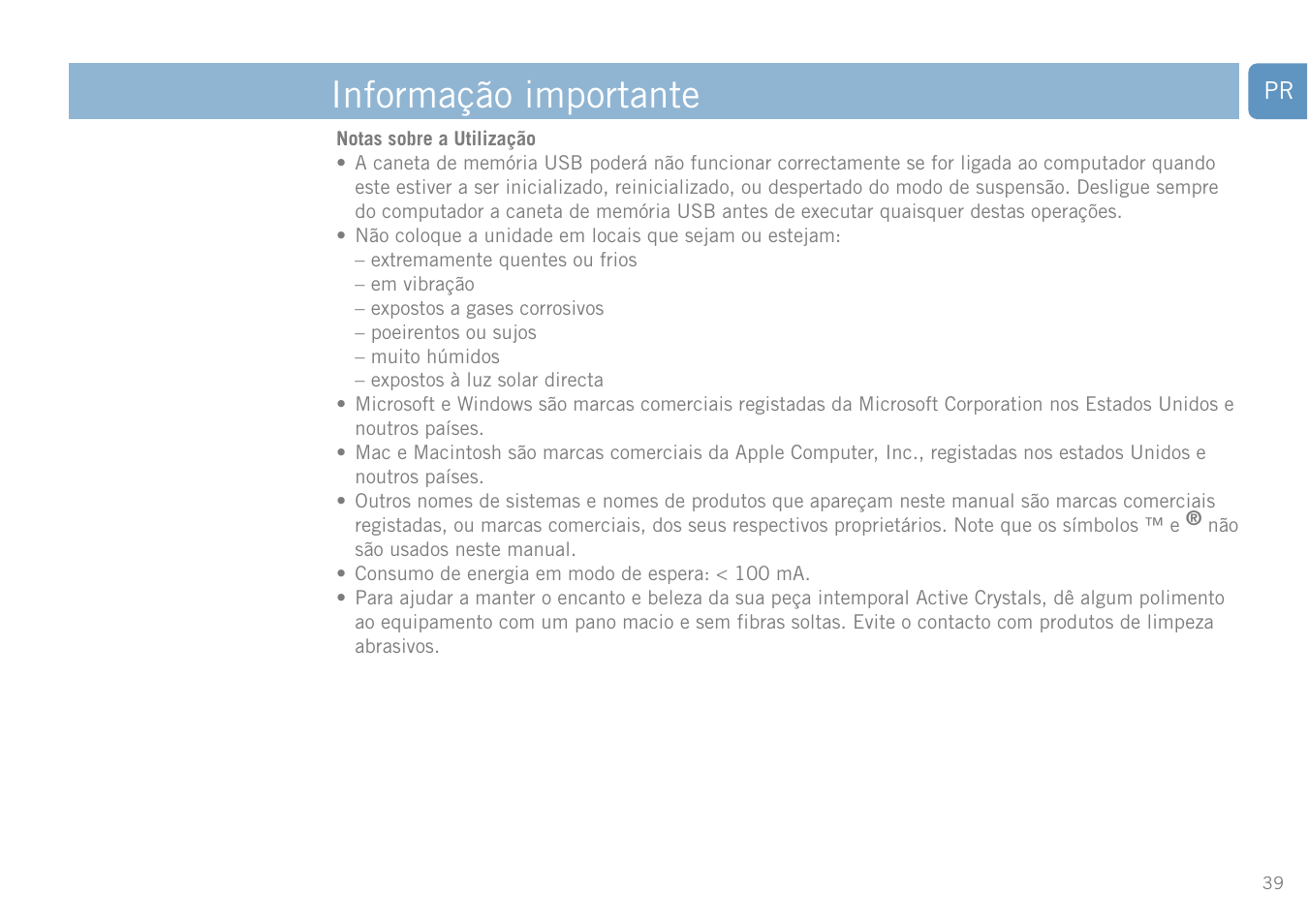 Informação importante | Philips FM01SW20 User Manual | Page 39 / 72