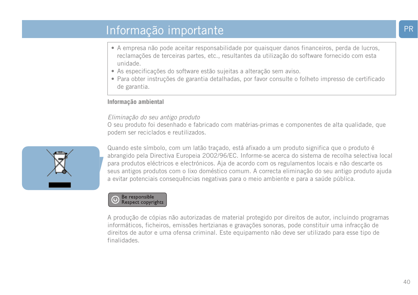 Informação importante | Philips FM01SW20 User Manual | Page 40 / 72