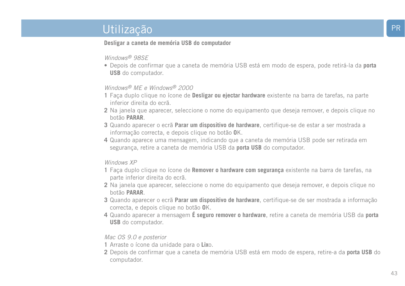 Utilização | Philips FM01SW20 User Manual | Page 43 / 72