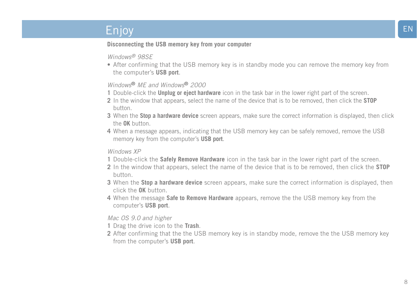 Enjoy | Philips FM01SW20 User Manual | Page 8 / 72