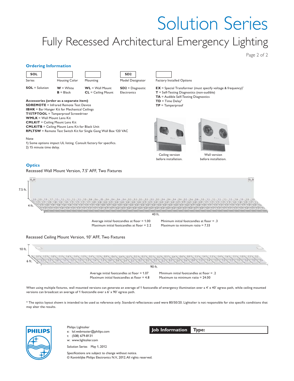 Solution series, Fully recessed architectural emergency lighting, Page 2 of 2 | Job information type, Ordering information, Optics | Philips Lightolier Solution Series User Manual | Page 2 / 2